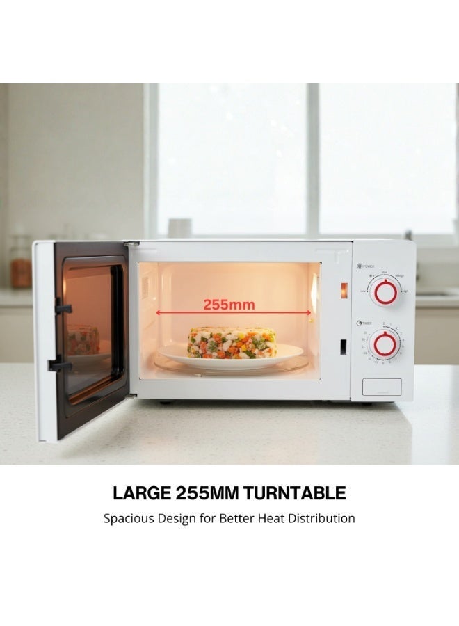 DOMEA Microwave Oven, 20L, 700W, 5 Power Levels (Defrost/Reheating), 35-Min Timer, 255mm Turntable for Even Heating, 2 Chrome Knobs, Easy-Clean Interior, White (KMO311) - Image 3