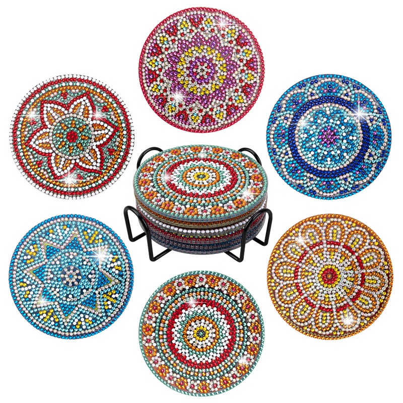 Temlum 6 Pcs Diamond Painting Coasters with Holder Mandala Diamond Art Coasters Kits for Beginners Adults Small Diamond Painting Kit Art Craft Supplies