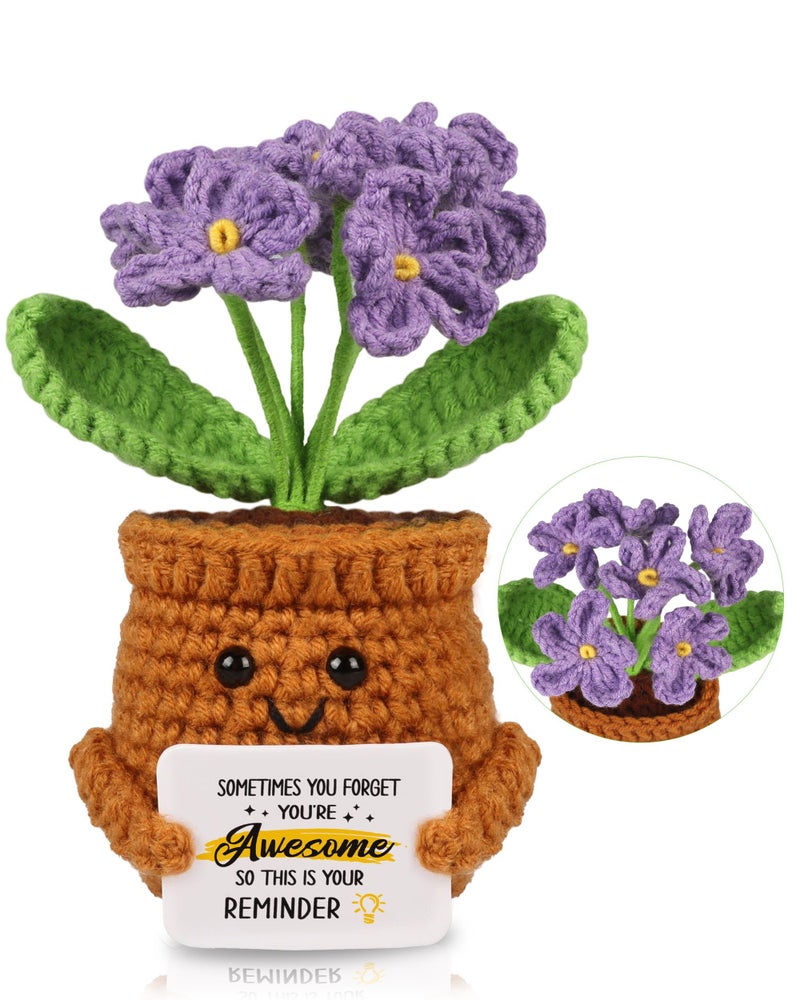 WenmthG Mini Positive Crochet Purple-Flower Doll - Funny Handmade Knitting Doll Birthday Emotional Inspirational Cheer Support Ideas Gifts for Women Girls Coworker Kids Back to School Gifts - Image 1