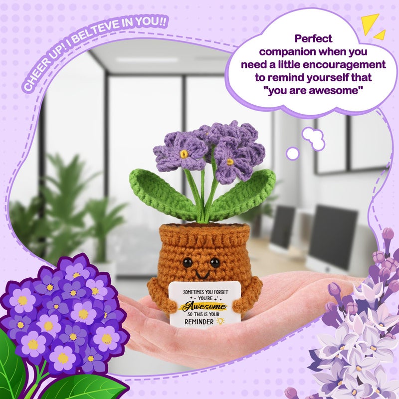 WenmthG Mini Positive Crochet Purple-Flower Doll - Funny Handmade Knitting Doll Birthday Emotional Inspirational Cheer Support Ideas Gifts for Women Girls Coworker Kids Back to School Gifts - Image 2