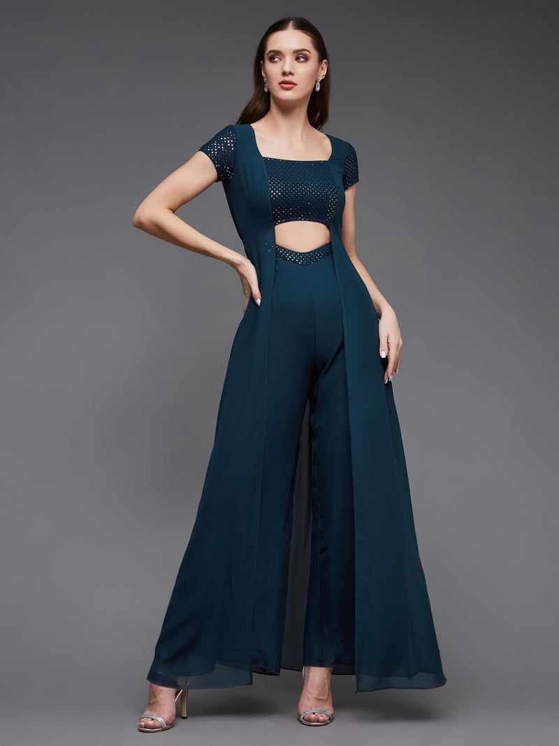 Miss Chase Women's Embellished Square Neck Short Sleeve Georgette Cut Out Relaxed Fit Regular Jumpsuit with Pockets (MCAW23D19-04-83-04, Teal, M) - Image 2