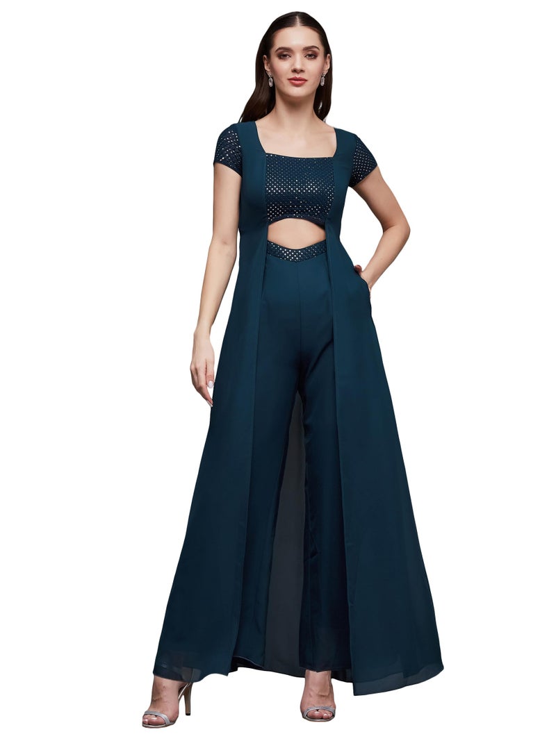 Miss Chase Women's Embellished Square Neck Short Sleeve Georgette Cut Out Relaxed Fit Regular Jumpsuit with Pockets (MCAW23D19-04-83-04, Teal, M) - Image 1