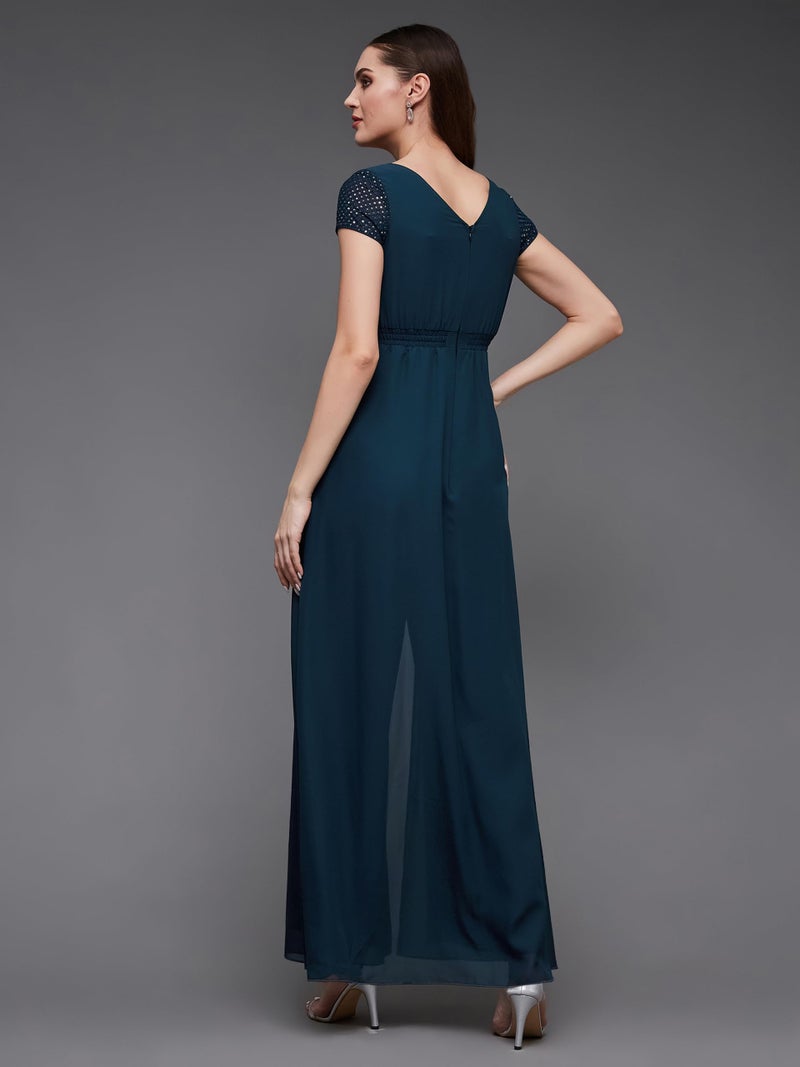 Miss Chase Women's Embellished Square Neck Short Sleeve Georgette Cut Out Relaxed Fit Regular Jumpsuit with Pockets (MCAW23D19-04-83-04, Teal, M) - Image 4