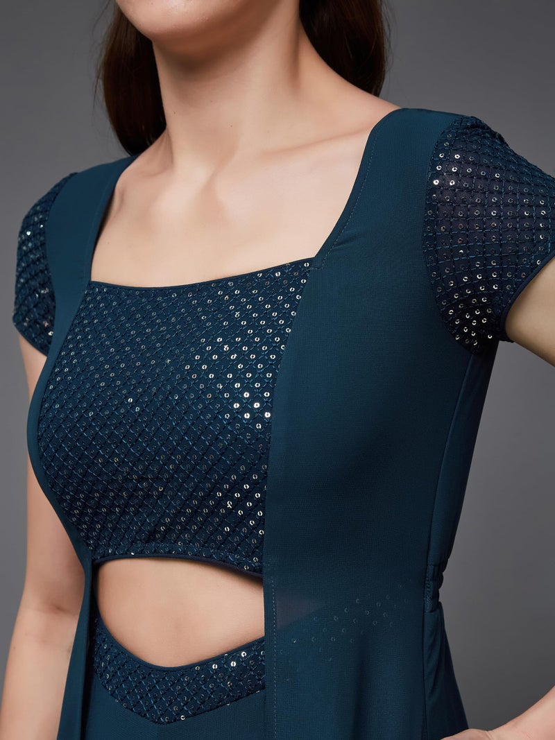 Miss Chase Women's Embellished Square Neck Short Sleeve Georgette Cut Out Relaxed Fit Regular Jumpsuit with Pockets (MCAW23D19-04-83-04, Teal, M) - Image 5