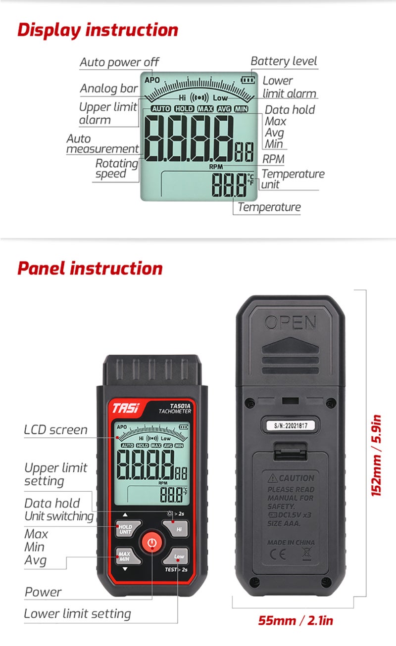 TASI TA501A Digital Tachometer LCD RPM Display Non-Contact Digital Handheld Tachometer Speedometer Wide Measuring Range 2.5~99999RPM Speed Meter for Machinery Industry Car Motors Speed Test - Image 3