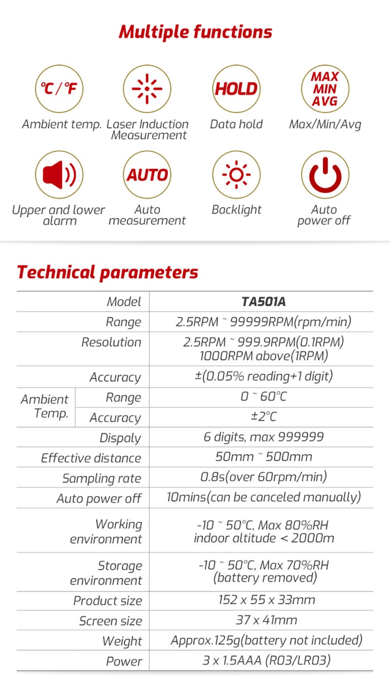 TASI TA501A Digital Tachometer LCD RPM Display Non-Contact Digital Handheld Tachometer Speedometer Wide Measuring Range 2.5~99999RPM Speed Meter for Machinery Industry Car Motors Speed Test - Image 2