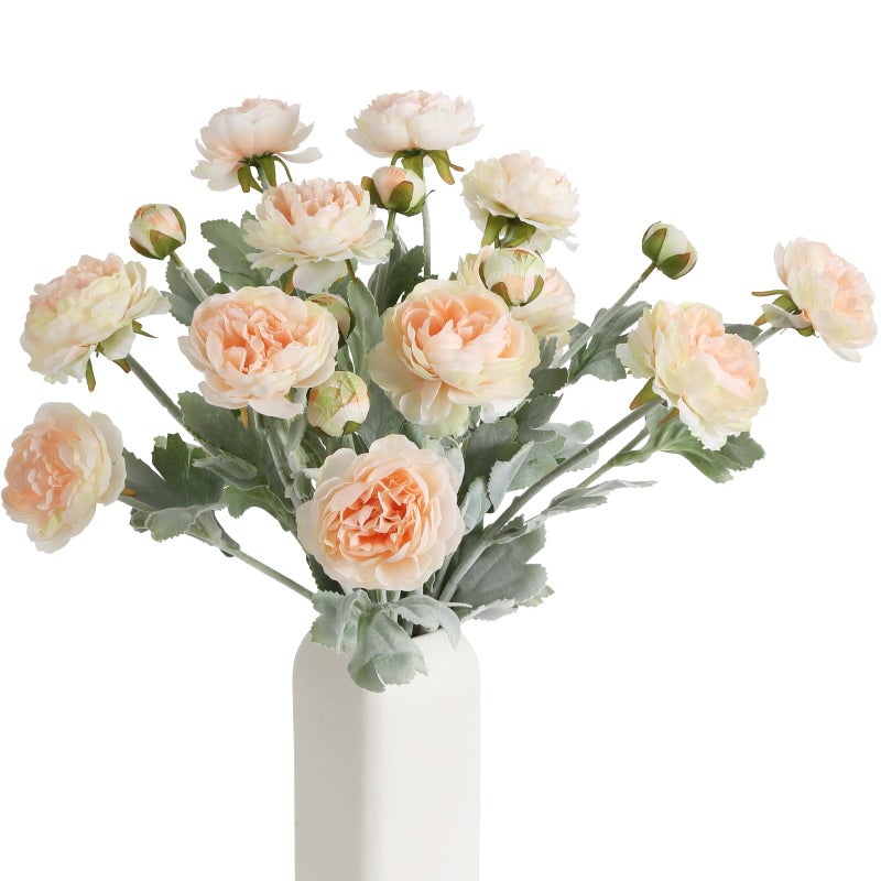 IPOPU Champagne Fake Peonies Artificial Ranunculus Flowers 6pcs 18Heads Champagne Silk Flowers 20.47" Artificial Flowers Bulk for Faux Floral Arrangements Home Table Decor - Image 1