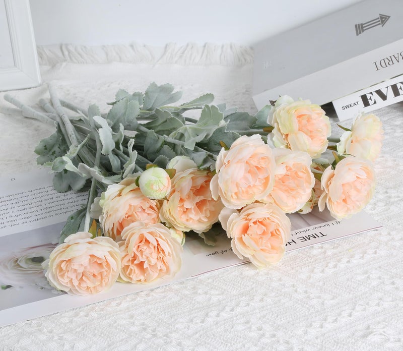 IPOPU Champagne Fake Peonies Artificial Ranunculus Flowers 6pcs 18Heads Champagne Silk Flowers 20.47" Artificial Flowers Bulk for Faux Floral Arrangements Home Table Decor - Image 2
