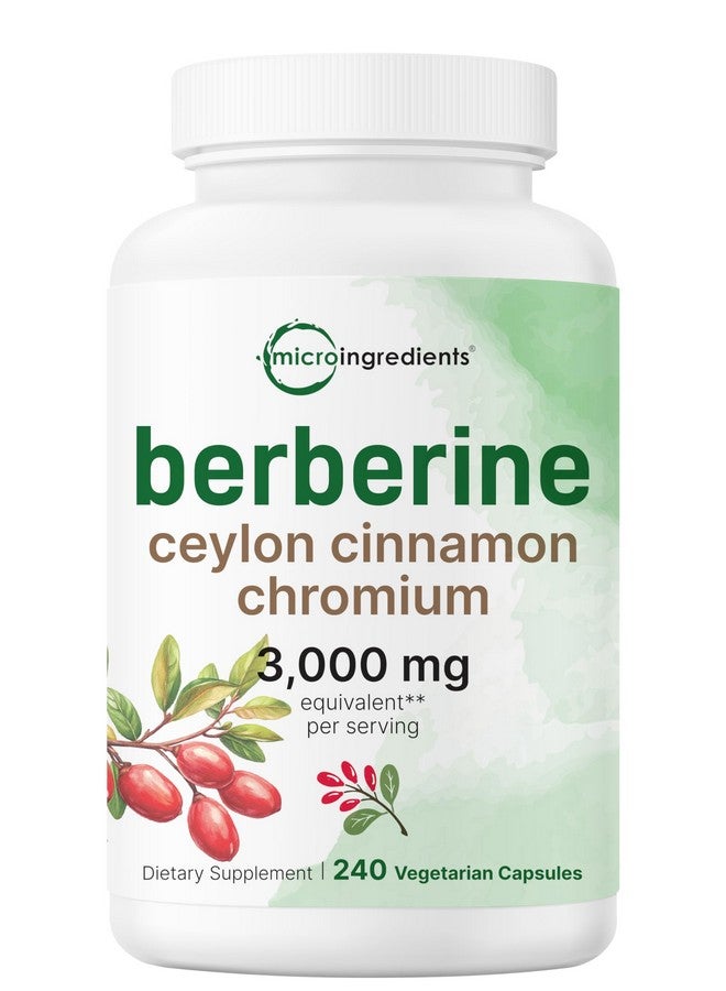 Micro Ingredients Berberine with Ceylon Cinnamon and Chromium 3,000mg Complex, 240 Veggie Capsules | High Potency Berberine HCl Root + Cinnamon Bark Extract | Heart Support & Immune Health Supplement - Image 1