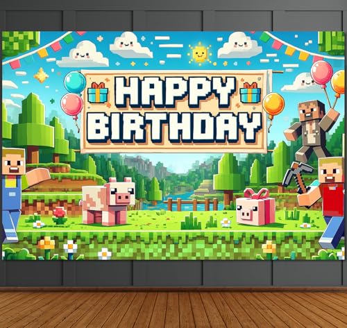 IndoTribe Pixel Backdrop Happy Birthday Banner Boy 6x4ft Miner Bday Sign Villager Gaming Birthday Party Decorations Videogame Themed Banner Video Game Decorations Video Game Backdrop for Boys - Image 1