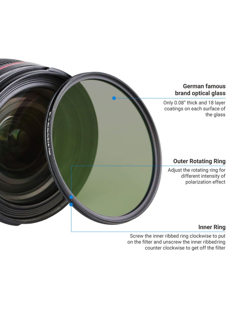 JJC JJC Professional 58mm Circular Polarizer Polarizing Filter HD 18-Layer CPL Filter for Canon EOS Rebel T7 T6 T8i T7i T6i T6s T5i SL3 SL2 90D 80D 70D with EF-S 18-55mm Kit Lens & Other 58mm Lenses  - Image 4