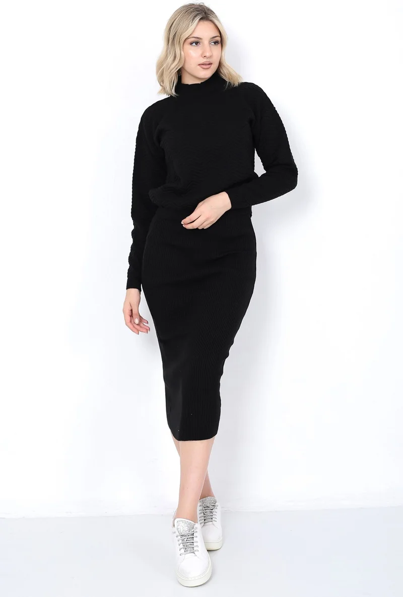 لوغمو Women's Knitwear Zigzag Striped Sweater and Skirt Set Oversize Black