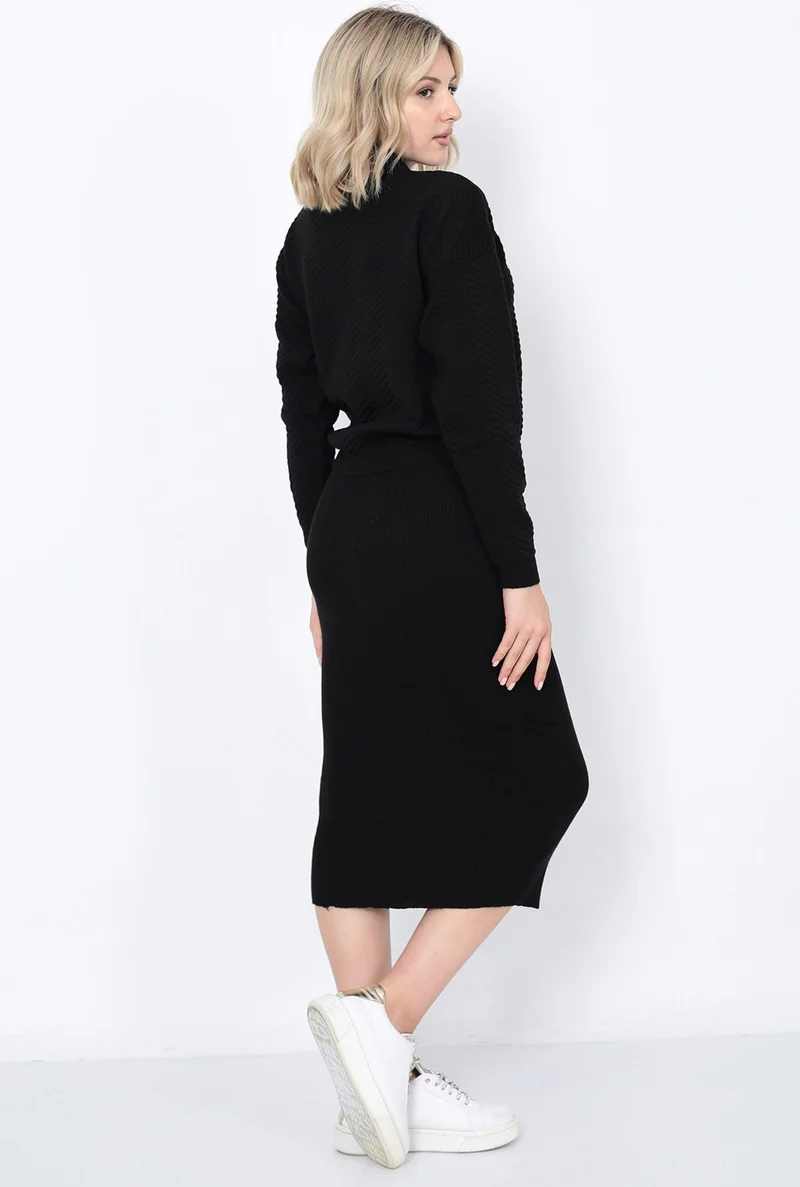 لوغمو Women's Knitwear Zigzag Striped Sweater and Skirt Set Oversize Black