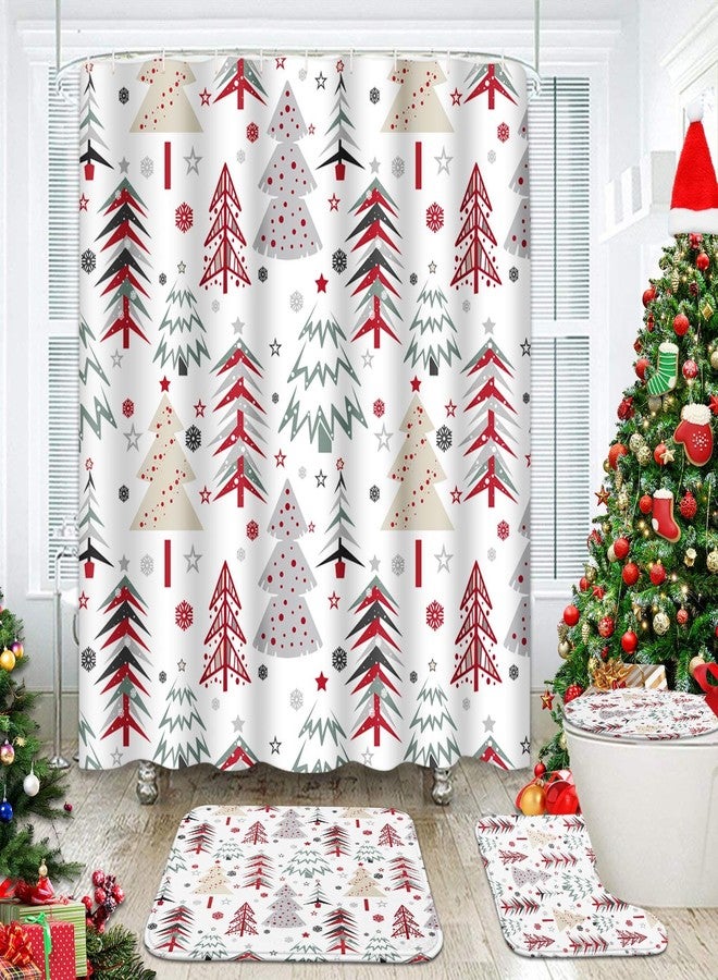 ArtSocket Christmas Trees Bathroom Set with Shower Curtain and Rugs Accessories, Forest Merry Christmas Shower Curtain, Winter Bathroom Decor 4 Pcs - Image 1