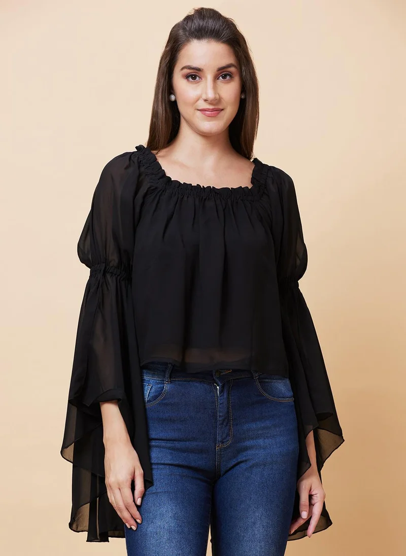 globus Globus Women Bell Sleeves Gathered Square Neck Georgette Top