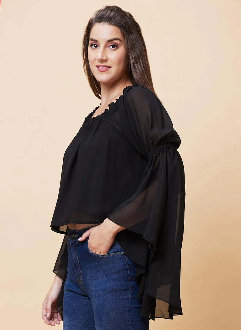 جلو باص بلوزة جلوبس نسائية بأكمام الجرس ورقبة مربعة من الشيفون