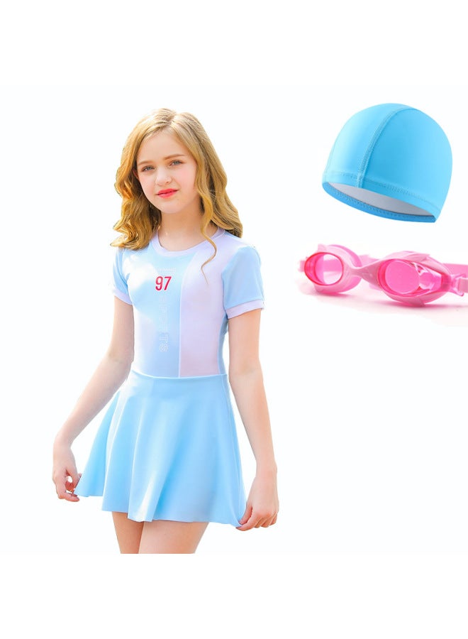 Loquat Professional Girls Quick-dry One-piece Children's Swimwear Big Children Princess Skirt Primary And Middle School Students Chest Pad Girls' Swimwear-Color:Blue And White Three-piece Set- - Image 1