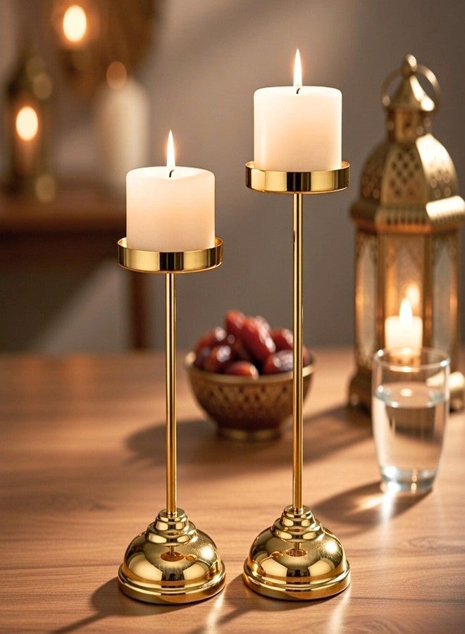 Behoma Handcrafted Large Metal Pillar Candle Holders | Table Centerpieces Coffee Tables or Fireplace Mantels | Solid Candles Stand for Christmas, Home Decor, Gift, Valentine's Day | Gold, Set of 2 - Image 2