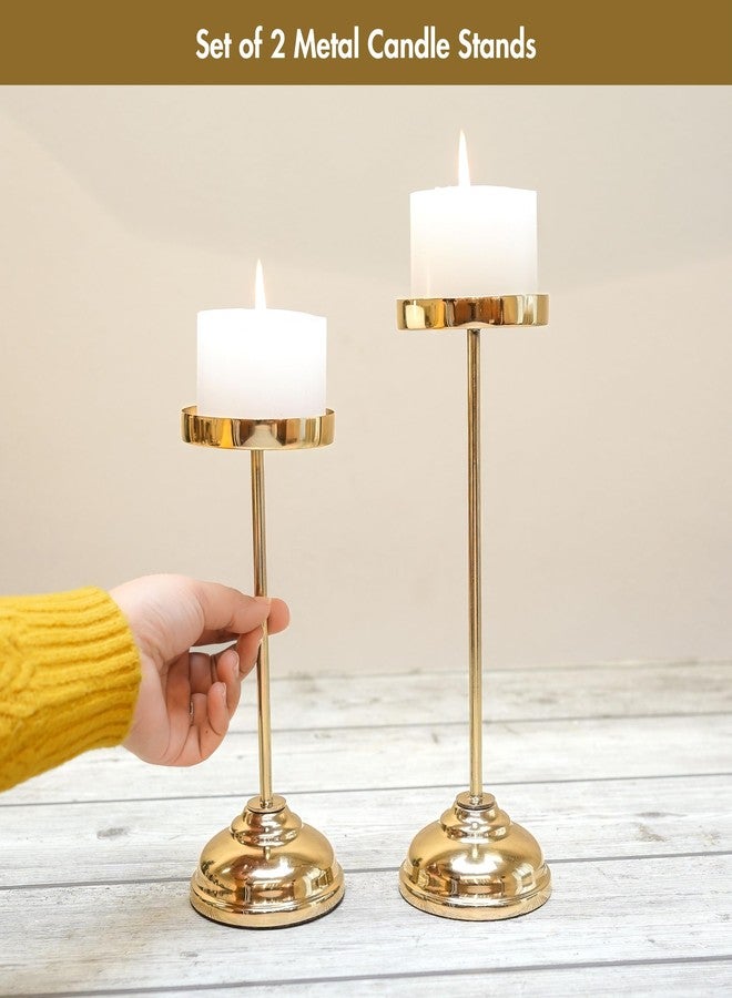 Behoma Handcrafted Large Metal Pillar Candle Holders | Table Centerpieces Coffee Tables or Fireplace Mantels | Solid Candles Stand for Christmas, Home Decor, Gift, Valentine's Day | Gold, Set of 2 - Image 3