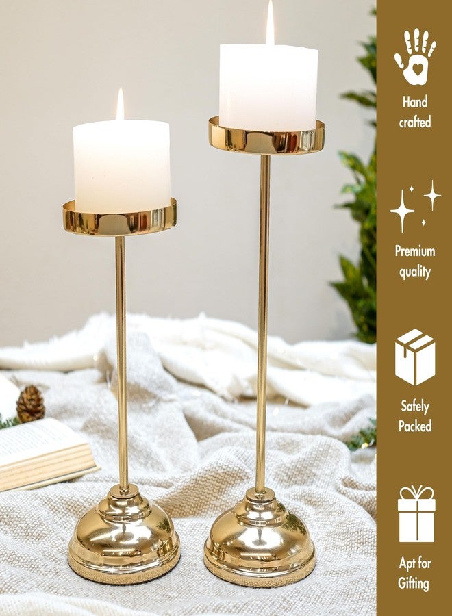 Behoma Handcrafted Large Metal Pillar Candle Holders | Table Centerpieces Coffee Tables or Fireplace Mantels | Solid Candles Stand for Christmas, Home Decor, Gift, Valentine's Day | Gold, Set of 2 - Image 5
