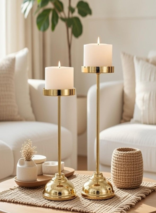Behoma Handcrafted Large Metal Pillar Candle Holders | Table Centerpieces Coffee Tables or Fireplace Mantels | Solid Candles Stand for Christmas, Home Decor, Gift, Valentine's Day | Gold, Set of 2 - Image 1