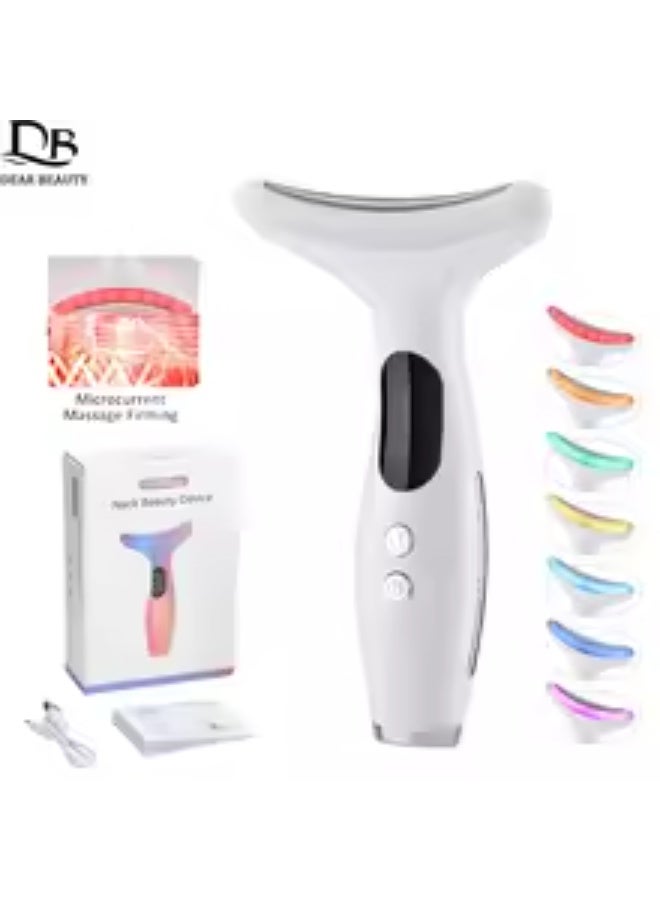 جهاز تدليك الوجه والرقبة بـ 7 ألوان - أداة تدليك للوجه للعناية بالبشرة في المنزل، جهاز تدليك اهتزازي للوجه مع حراريات، ابيض - Image 1