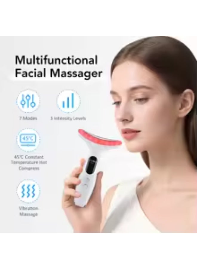 جهاز تدليك الوجه والرقبة بـ 7 ألوان - أداة تدليك للوجه للعناية بالبشرة في المنزل، جهاز تدليك اهتزازي للوجه مع حراريات، ابيض - Image 2