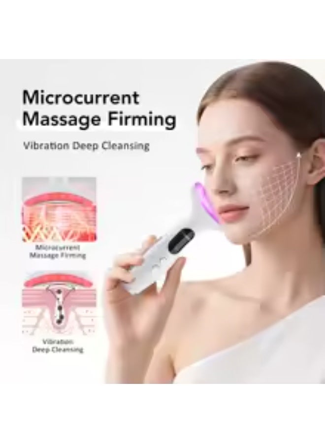 جهاز تدليك الوجه والرقبة بـ 7 ألوان - أداة تدليك للوجه للعناية بالبشرة في المنزل، جهاز تدليك اهتزازي للوجه مع حراريات، ابيض - Image 3