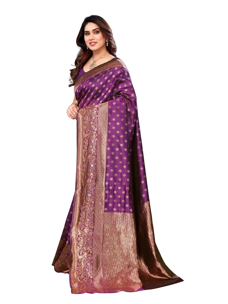 Sidhidata Women's Banarasi Jacquard Silk Saree with Unstitched Blouse Piece in Wine Color - Image 4