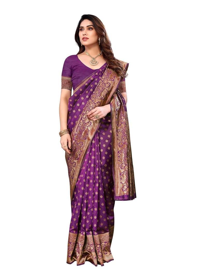 Sidhidata Women's Banarasi Jacquard Silk Saree with Unstitched Blouse Piece in Wine Color - Image 5