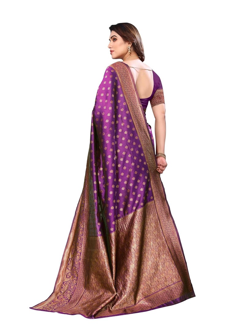 Sidhidata Women's Banarasi Jacquard Silk Saree with Unstitched Blouse Piece in Wine Color - Image 3