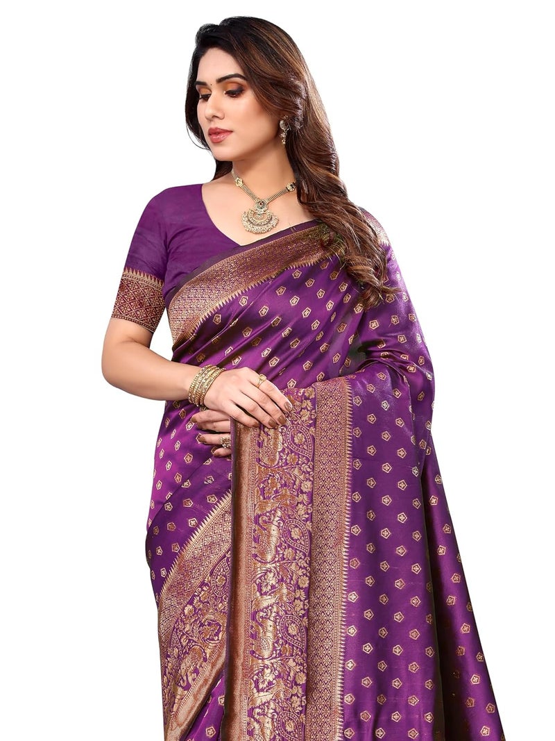 Sidhidata Women's Banarasi Jacquard Silk Saree with Unstitched Blouse Piece in Wine Color - Image 2