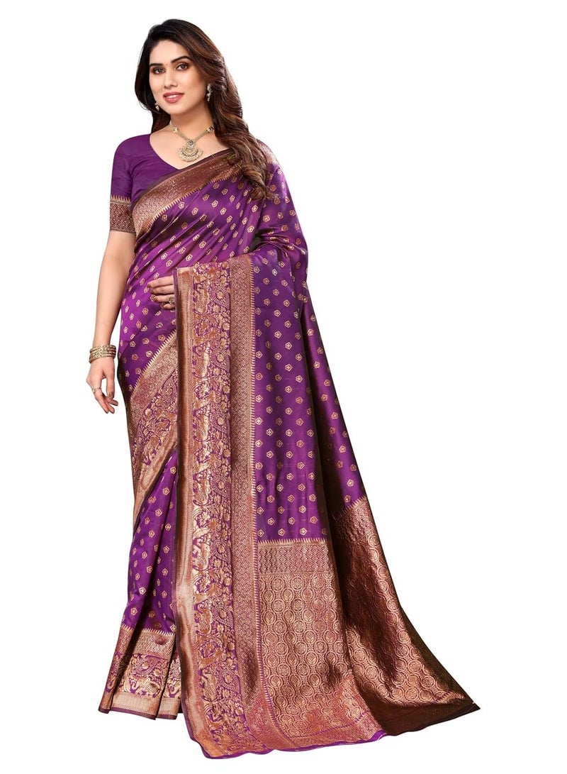 Sidhidata Women's Banarasi Jacquard Silk Saree with Unstitched Blouse Piece in Wine Color - Image 1