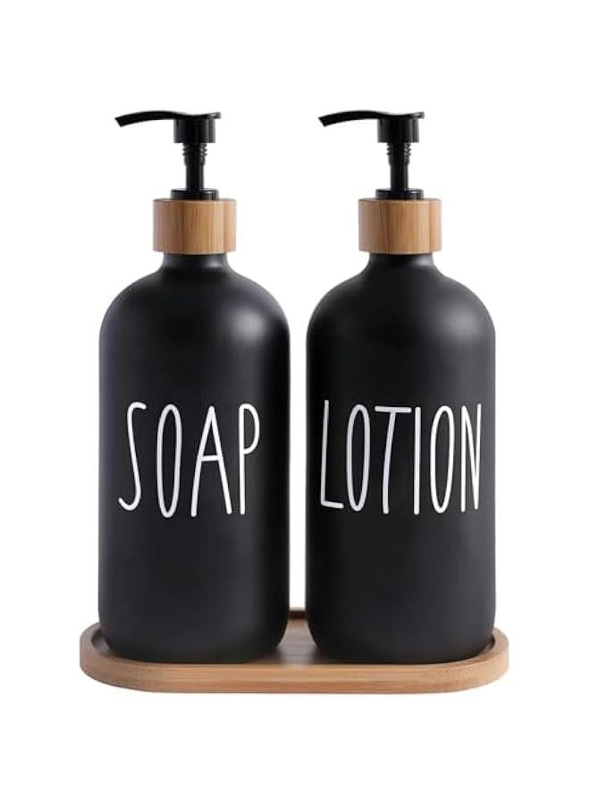 HOOKOR Soap Dispenser Bathroom Set, Set with Glass Dispenser, Bamboo Pumps & Tray. Hand and Lotion Suitable for Farmhouse Decor (Sl Black & Tray)  - Image 1
