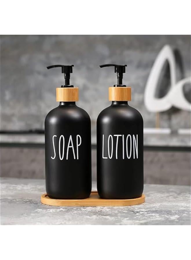 HOOKOR Soap Dispenser Bathroom Set, Set with Glass Dispenser, Bamboo Pumps & Tray. Hand and Lotion Suitable for Farmhouse Decor (Sl Black & Tray)  - Image 2