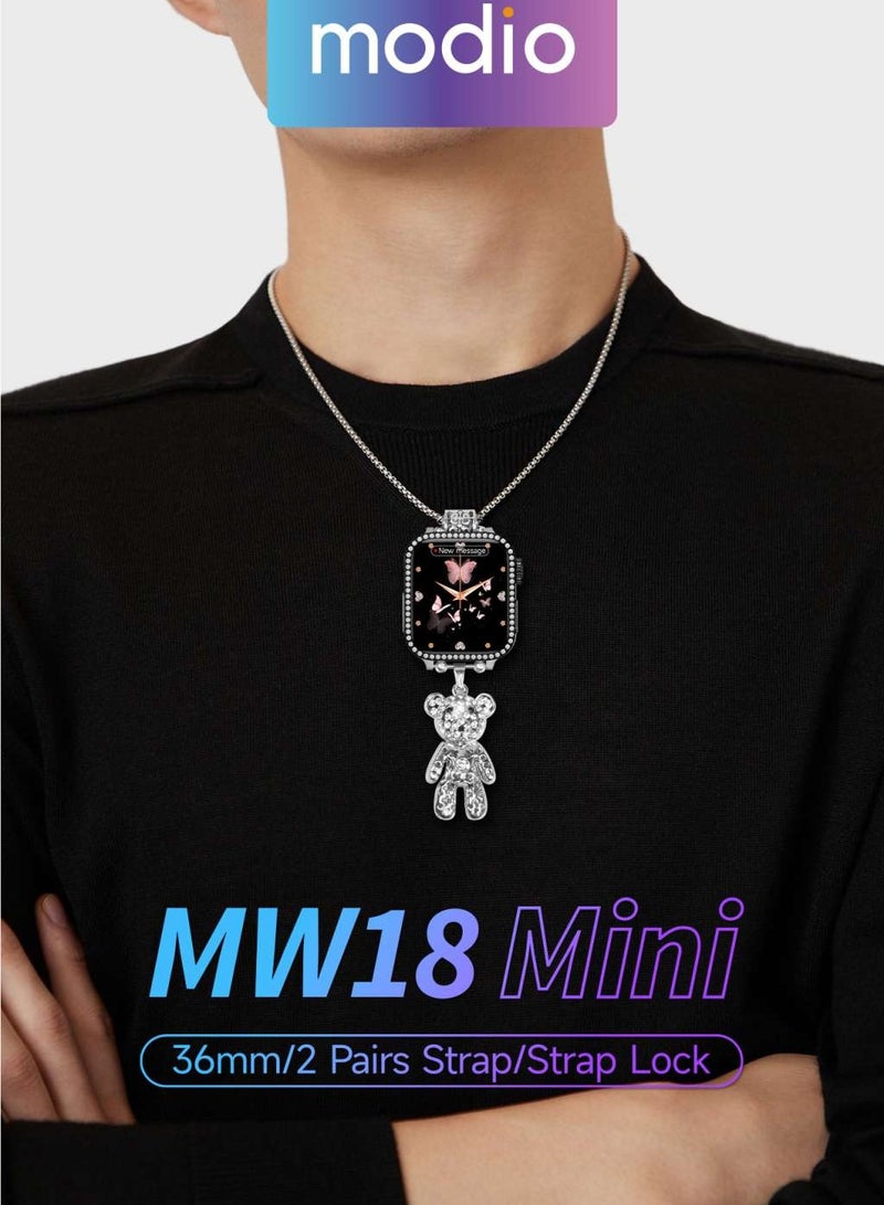 Modio MW 18 Mini 36 mm HD Display Smart Watch with 2 Pair Strap and Stylish Chain Necklace and Bracelet with Wireless Charger Pink - Image 2