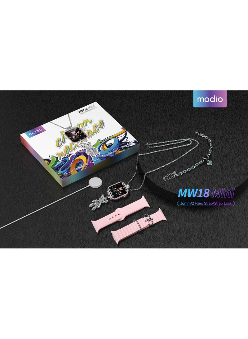 Modio MW 18 Mini 36 mm HD Display Smart Watch with 2 Pair Strap and Stylish Chain Necklace and Bracelet with Wireless Charger Pink - Image 1