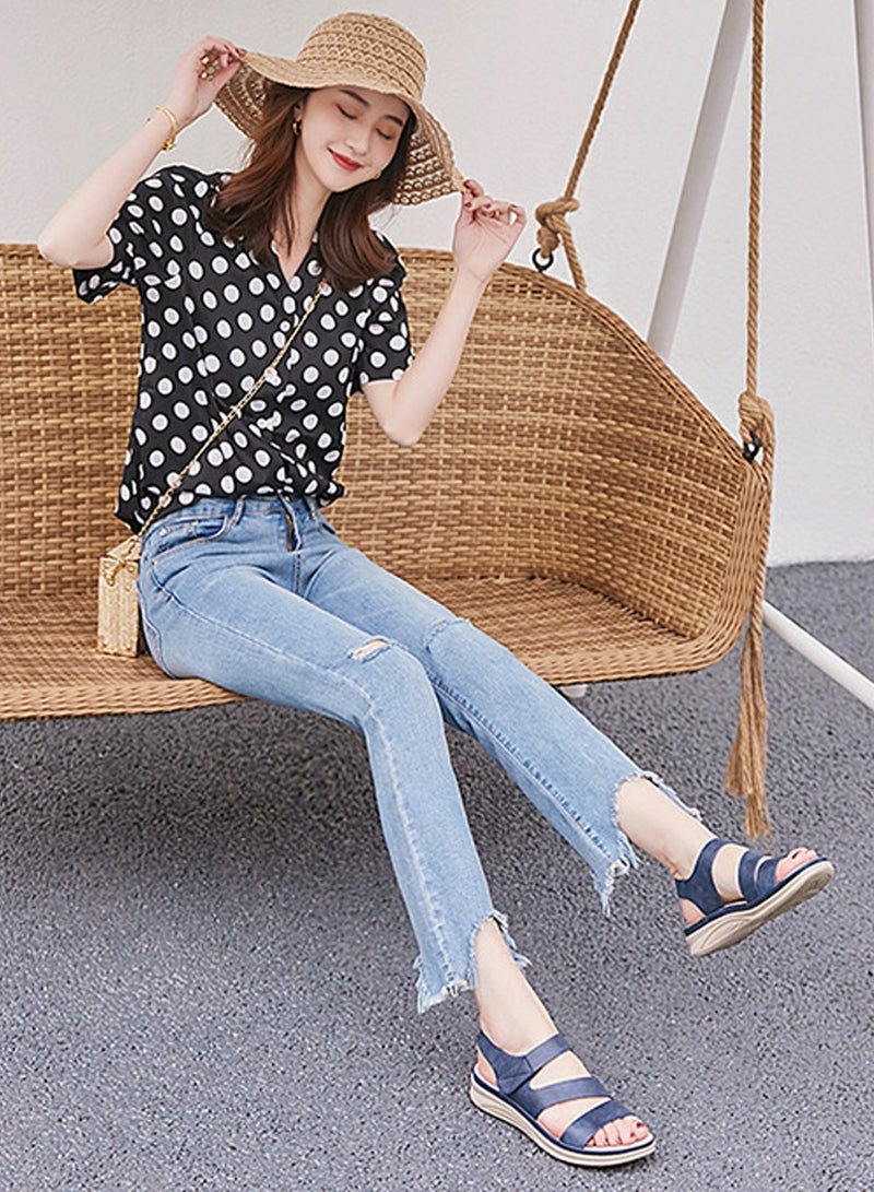 Loquat Women's Casual Sports Thick Soled Non Slip Sandals Breathable Wedge Shoes For Outdoors Dark Blue - Image 4