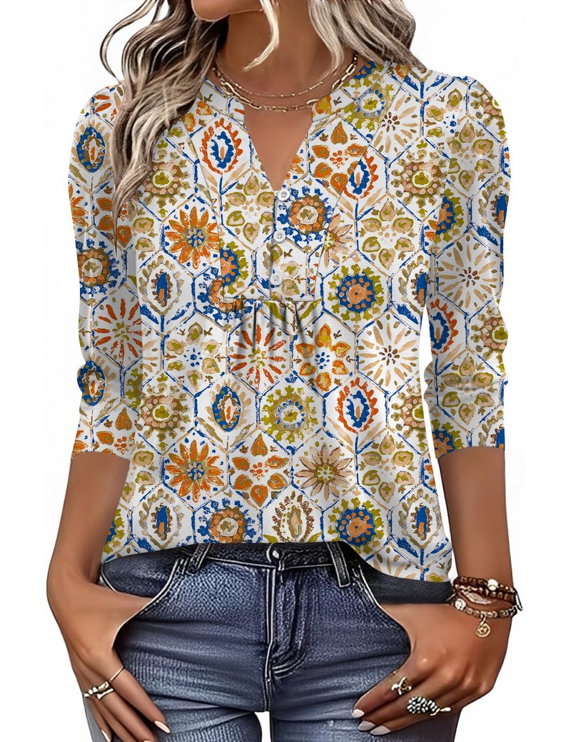 IECCP 3/4 Length Sleeve Womens Tops Dressy Casual Blouses Trendy Business V-Neck Pleated T-Shirts Loose Fit Tunics Blouses Petite Tops (Geometry Pattern,S) - Image 2