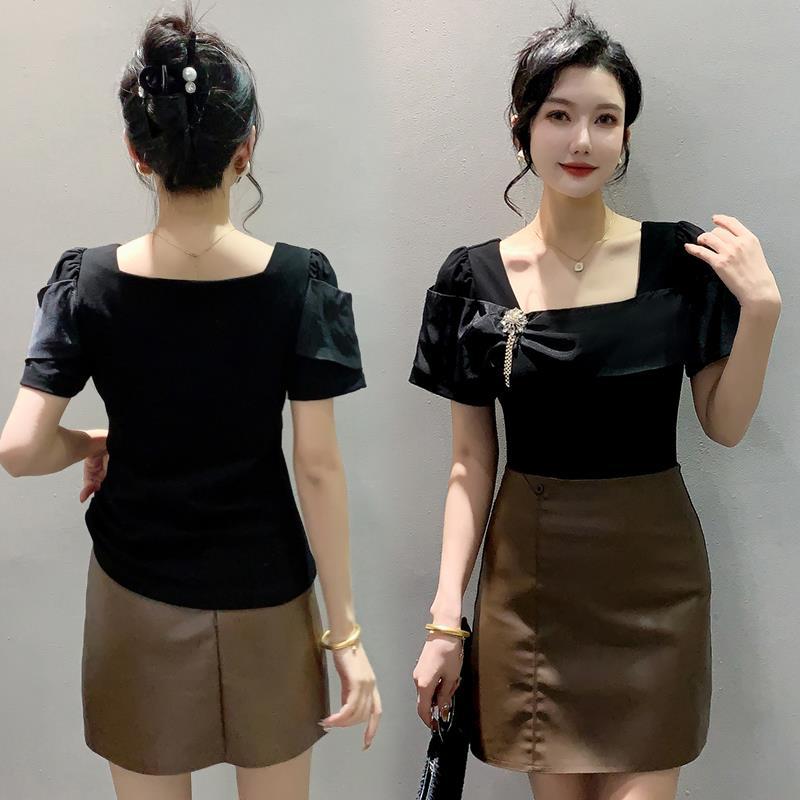 Real S 2024 Style Chic Stitching Ruffled Square Collar Top Short Sleeve T-Shirt Women'S Tide - Image 4
