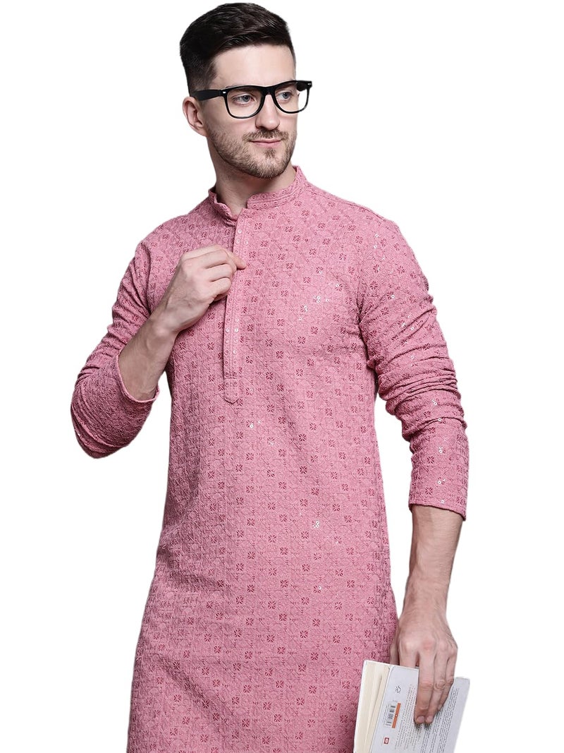 Jompers Men's Sequin Embroidered Pure Cotton Kurtas (Coral, XL) - Image 1
