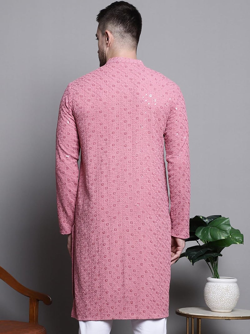 Jompers Men's Sequin Embroidered Pure Cotton Kurtas (Coral, XL) - Image 2
