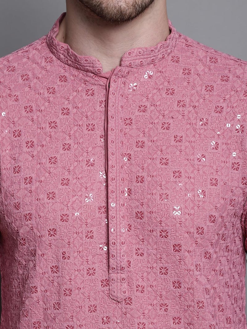 Jompers Men's Sequin Embroidered Pure Cotton Kurtas (Coral, XL) - Image 5