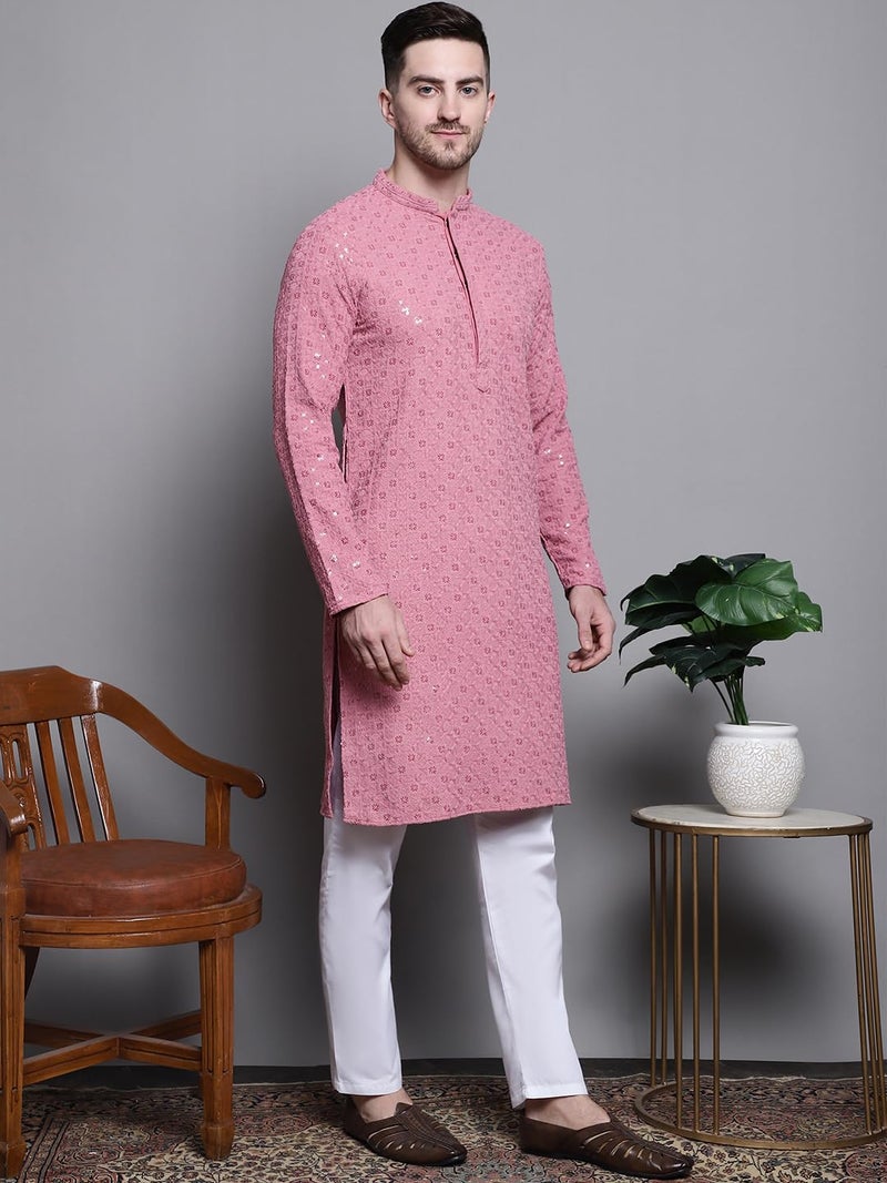 Jompers Men's Sequin Embroidered Pure Cotton Kurtas (Coral, XL) - Image 4