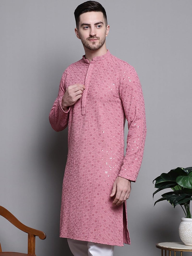 Jompers Men's Sequin Embroidered Pure Cotton Kurtas (Coral, XL) - Image 3