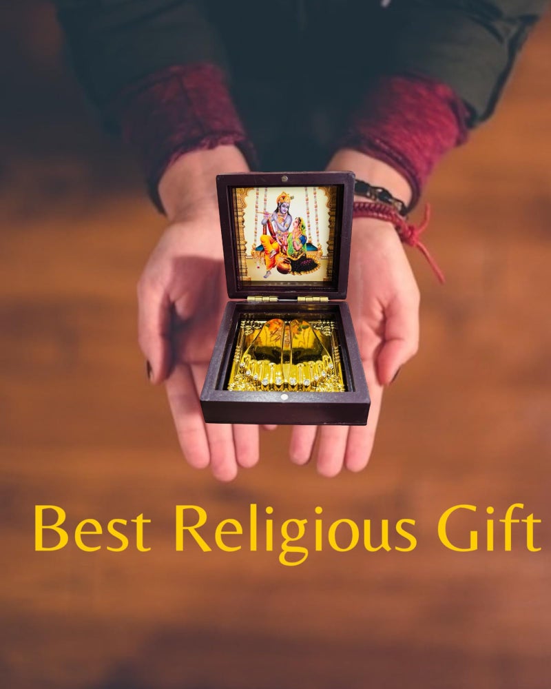 WARMINGO DE Krishan Ji Pocket Temple Charna Paduka Vrindavan Mandir | Gold Plated Box God Idol Bhagwan | Religious Gift for Mom & Dad | Diwali Gift Item | Thakur Ji (Krishan JI) - Image 4