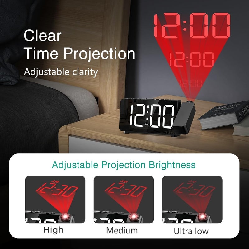 ORIA Projection Alarm Clock, Digital Alarm Clock for Bedroom with 180° Projector, Large Display Digital Clock, LED Clock with Adjustable Brightness & Volume, Snooze, DST, for Seniors Heavy Sleepers - Image 4