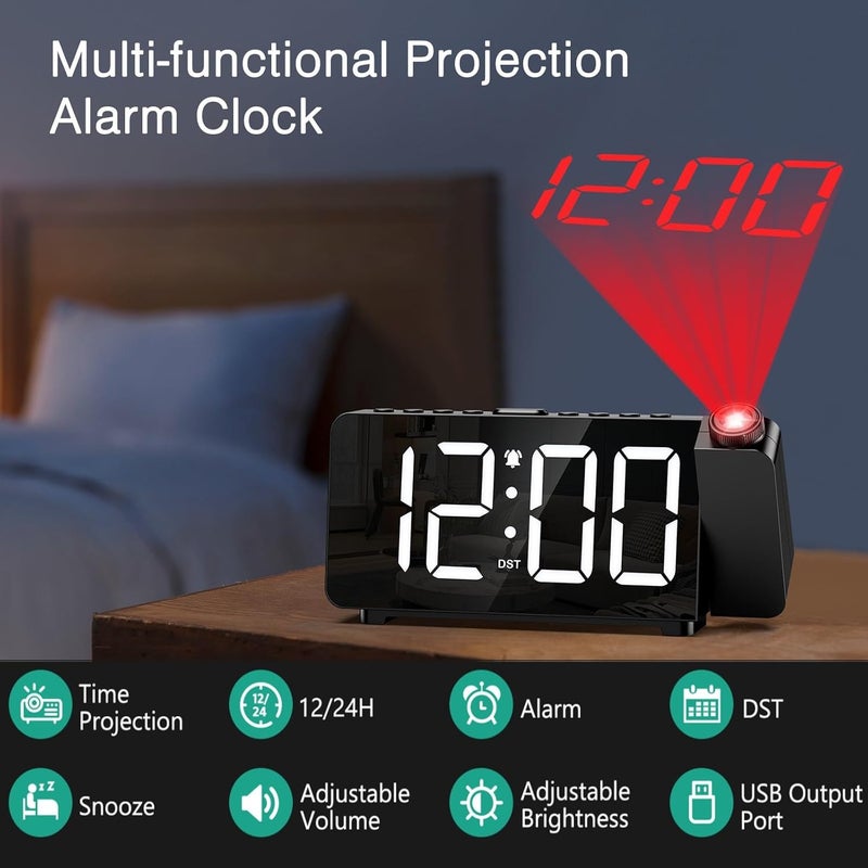 ORIA Projection Alarm Clock, Digital Alarm Clock for Bedroom with 180° Projector, Large Display Digital Clock, LED Clock with Adjustable Brightness & Volume, Snooze, DST, for Seniors Heavy Sleepers - Image 2