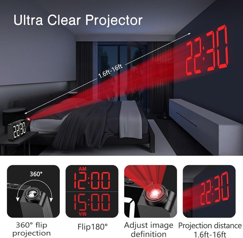 ORIA Projection Alarm Clock, Digital Alarm Clock for Bedroom with 180° Projector, Large Display Digital Clock, LED Clock with Adjustable Brightness & Volume, Snooze, DST, for Seniors Heavy Sleepers - Image 3