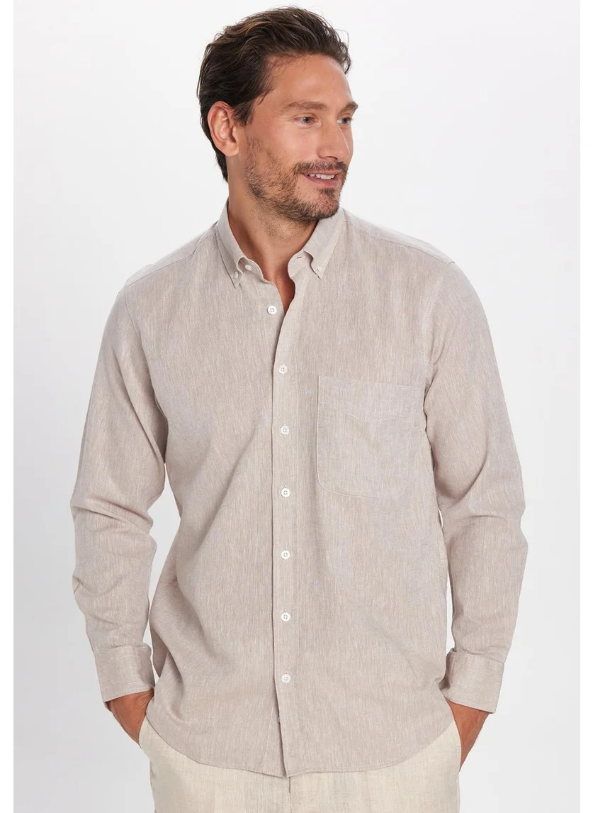 Tudors Men's Regular Fit Classic Cut Cotton Linen Texture Button-down Collar Stone Shirt
